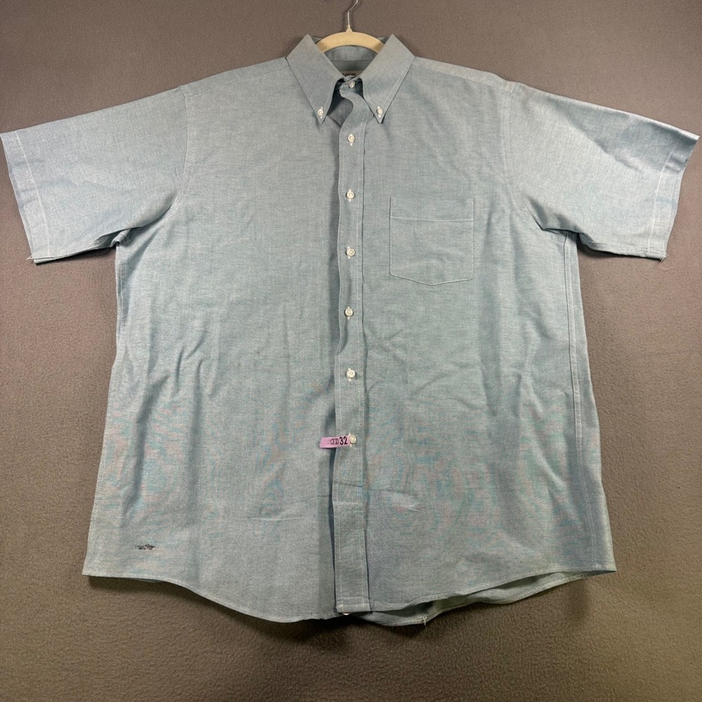 Vintage Arrow Dover Mens 17 Blue Oxford Shirt Short Sleeve Button Down USA Made